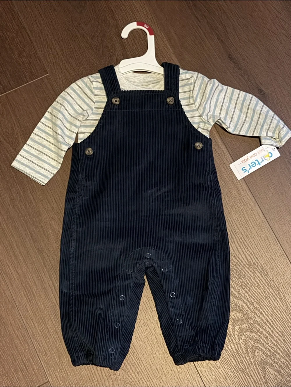 Carters Navy Corduroy Baby Overalls with Striped Top